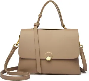 Stylish Top Handle Crossbody Bag for Women - Leather Shoulder Bag Flap Purse - Fashionable Ladies Tote Satchel (White Brown)