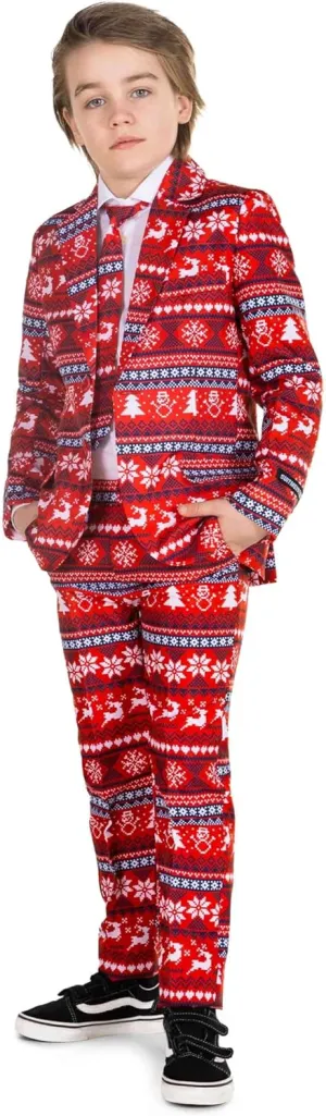 SUITMEISTER Boys Christmas Suit - Festive Ugly X-Mas Clothing Holiday Print - Includes Blazer, Pants - Tie