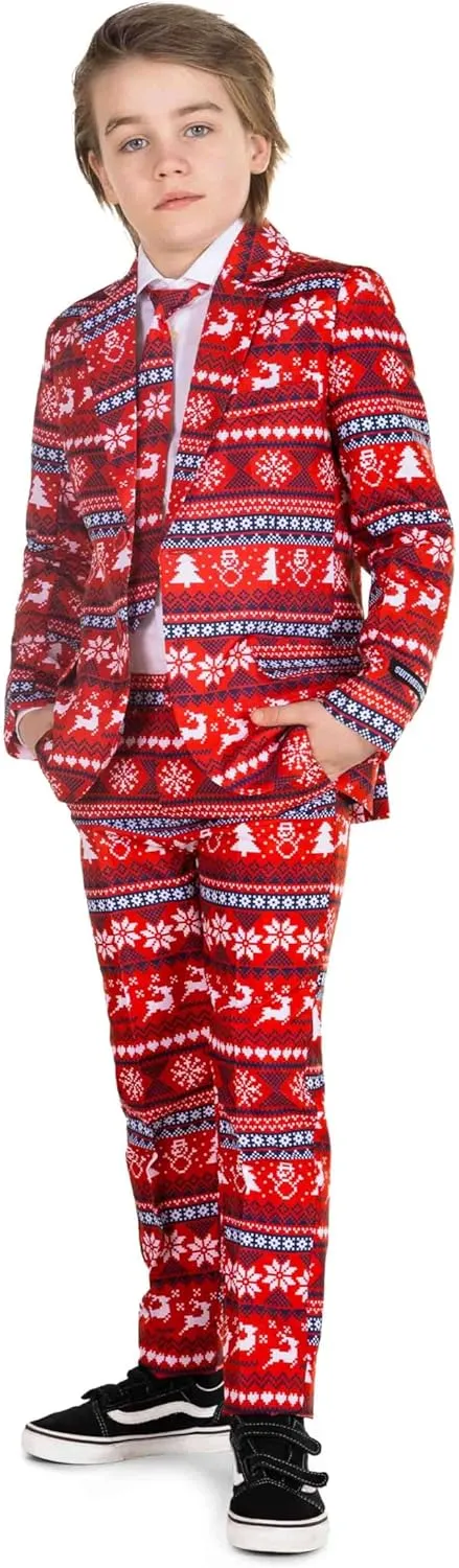 SUITMEISTER Boys Christmas Suit - Festive Ugly X-Mas Clothing Holiday Print - Includes Blazer, Pants - Tie