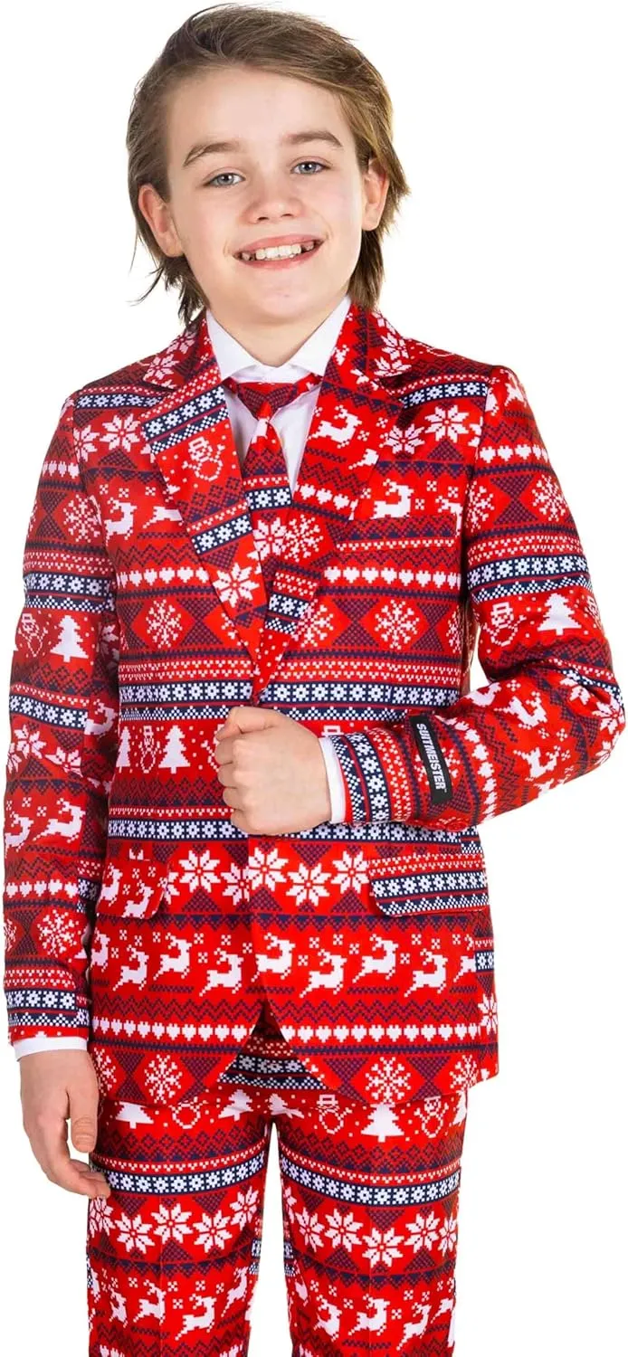 SUITMEISTER Boys Christmas Suit - Festive Ugly X-Mas Clothing Holiday Print - Includes Blazer, Pants - Tie