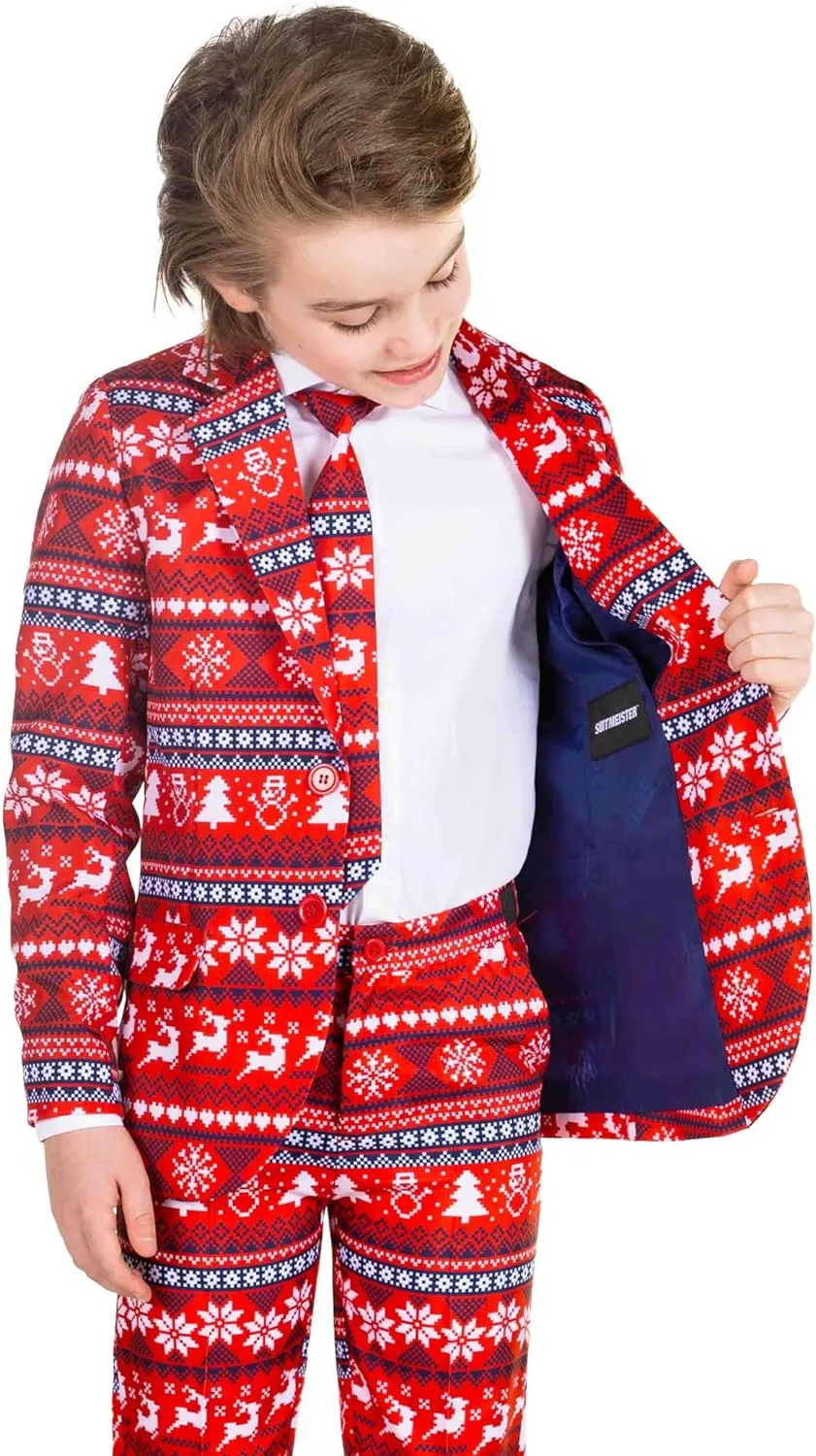 SUITMEISTER Boys Christmas Suit - Festive Ugly X-Mas Clothing Holiday Print - Includes Blazer, Pants - Tie