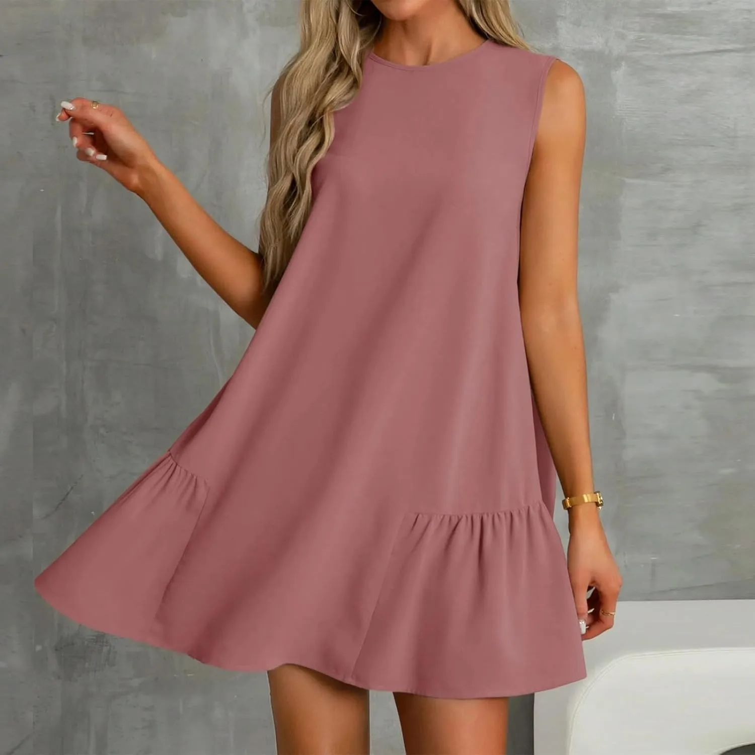 Summer Womens Sundress for 2113 Fashionable Casual Sleeveless Round Neck Ruffle Dresses Mini Ruffle Dress
