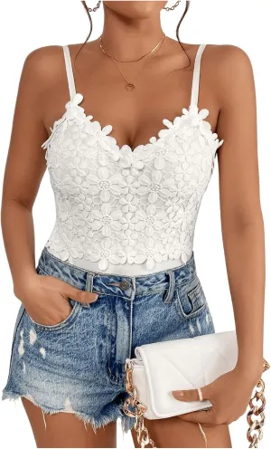 SweatyRocks Women's Appliques Lace Bodysuit Sleeveless V Neck Fitted Camisole Tops