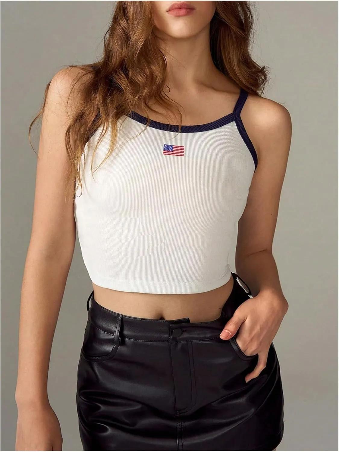 SweatyRocks Women's Flag Print Crop Camisole Slim Fit Scoop Neck Ribbed Sleeveless Tops