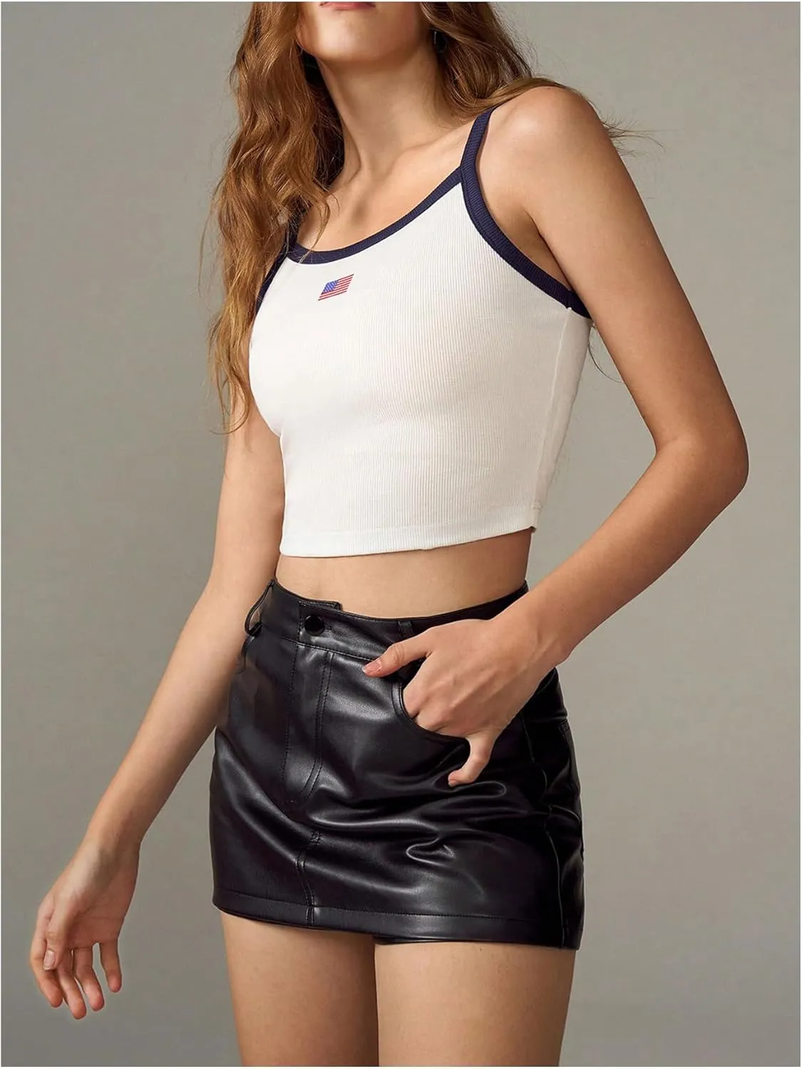SweatyRocks Women's Flag Print Crop Camisole Slim Fit Scoop Neck Ribbed Sleeveless Tops