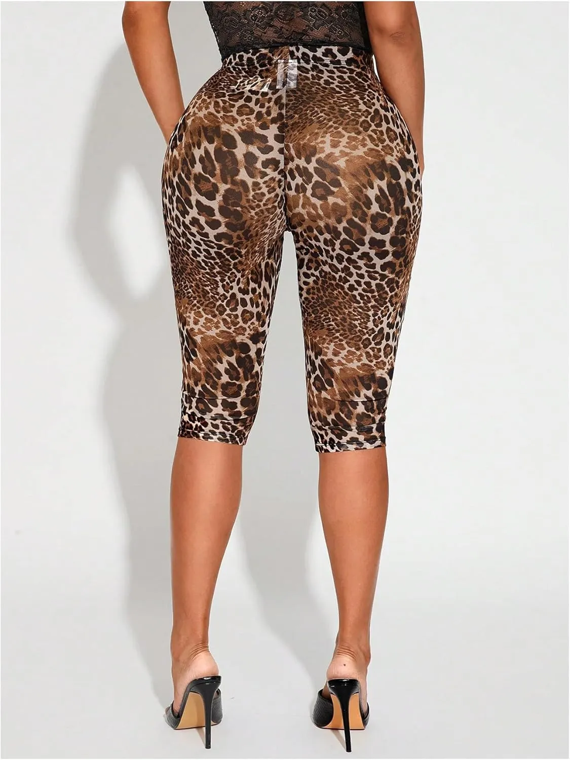 SweatyRocks Women's High Waist Sheer Mesh Leopard Capris Leggings Yoga Workout Pants