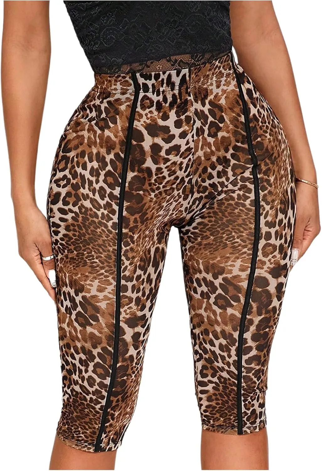 SweatyRocks Women's High Waist Sheer Mesh Leopard Capris Leggings Yoga Workout Pants
