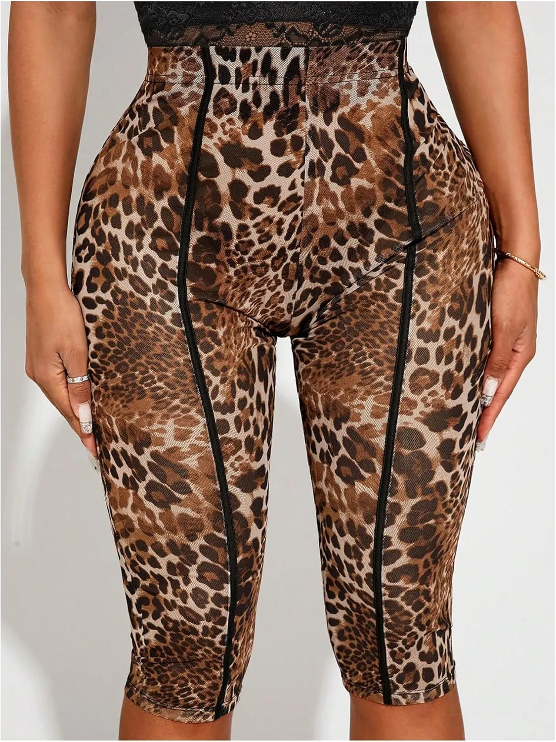 SweatyRocks Women's High Waist Sheer Mesh Leopard Capris Leggings Yoga Workout Pants