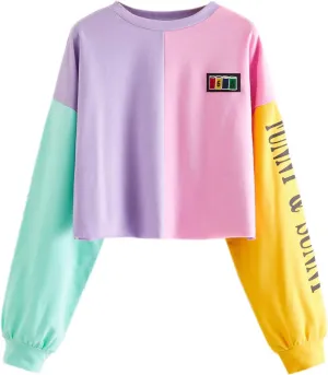 SweatyRocks Women's Letter Print Color Block Crop Sweatshirt Long Sleeve Pullover Tops