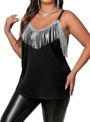 SweatyRocks Women's Plus Size Sequin Fringe Sleeveless Tank Top Backless Party Club Cami Tops