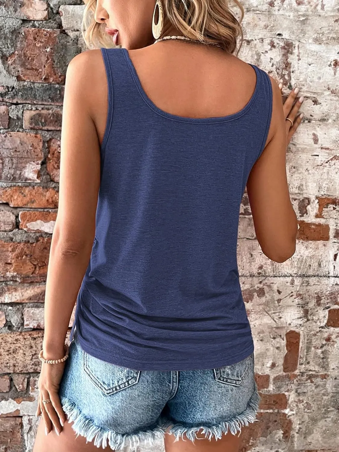 SweatyRocks Women's Scoop Neck Half Button Tank Top Casual Sleeveless Drawstring Tie Side Tops