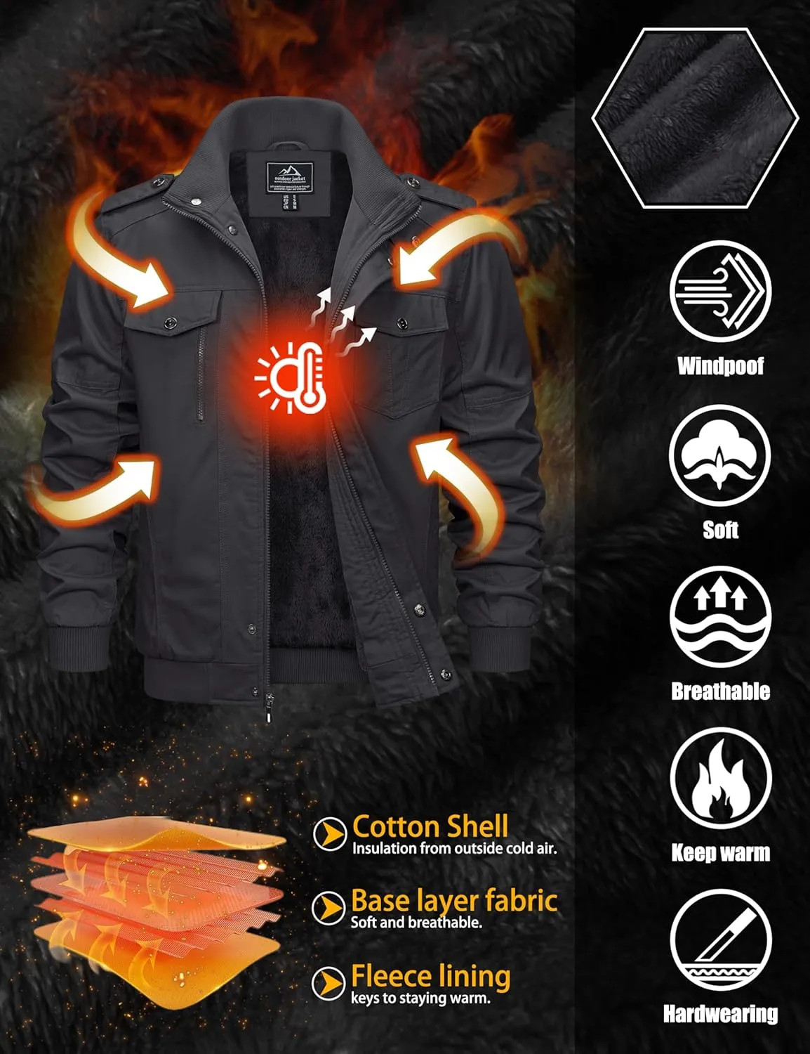 TACVASEN Men's Winter Jacket-Fleece Cotton Military Coat Thicken Casual Cargo Bomber Jacket