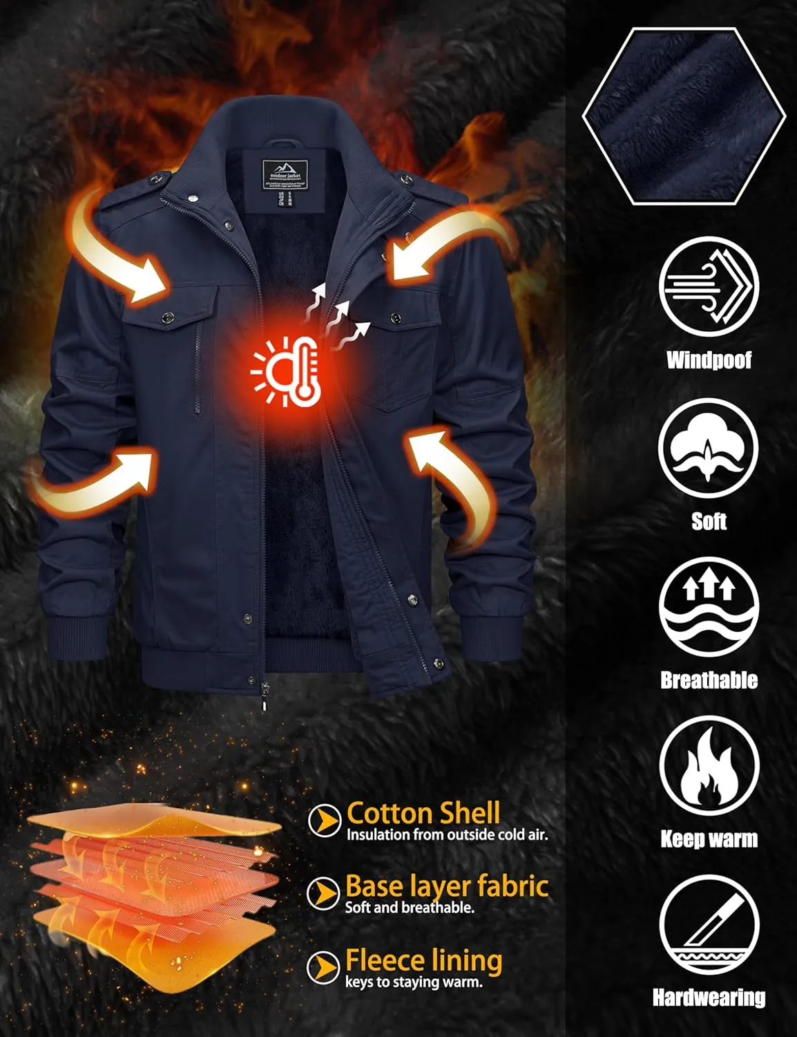 TACVASEN Men's Winter Jacket-Fleece Cotton Military Coat Thicken Casual Cargo Bomber Jacket