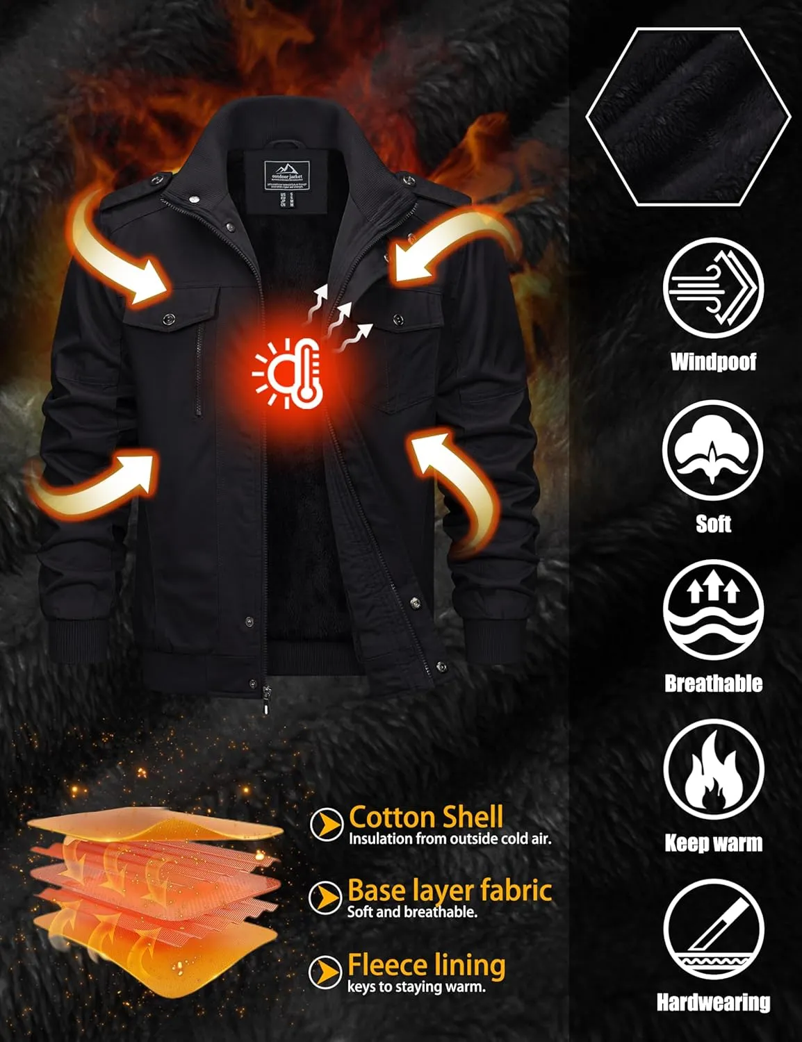 TACVASEN Men's Winter Jacket-Fleece Cotton Military Coat Thicken Casual Cargo Bomber Jacket