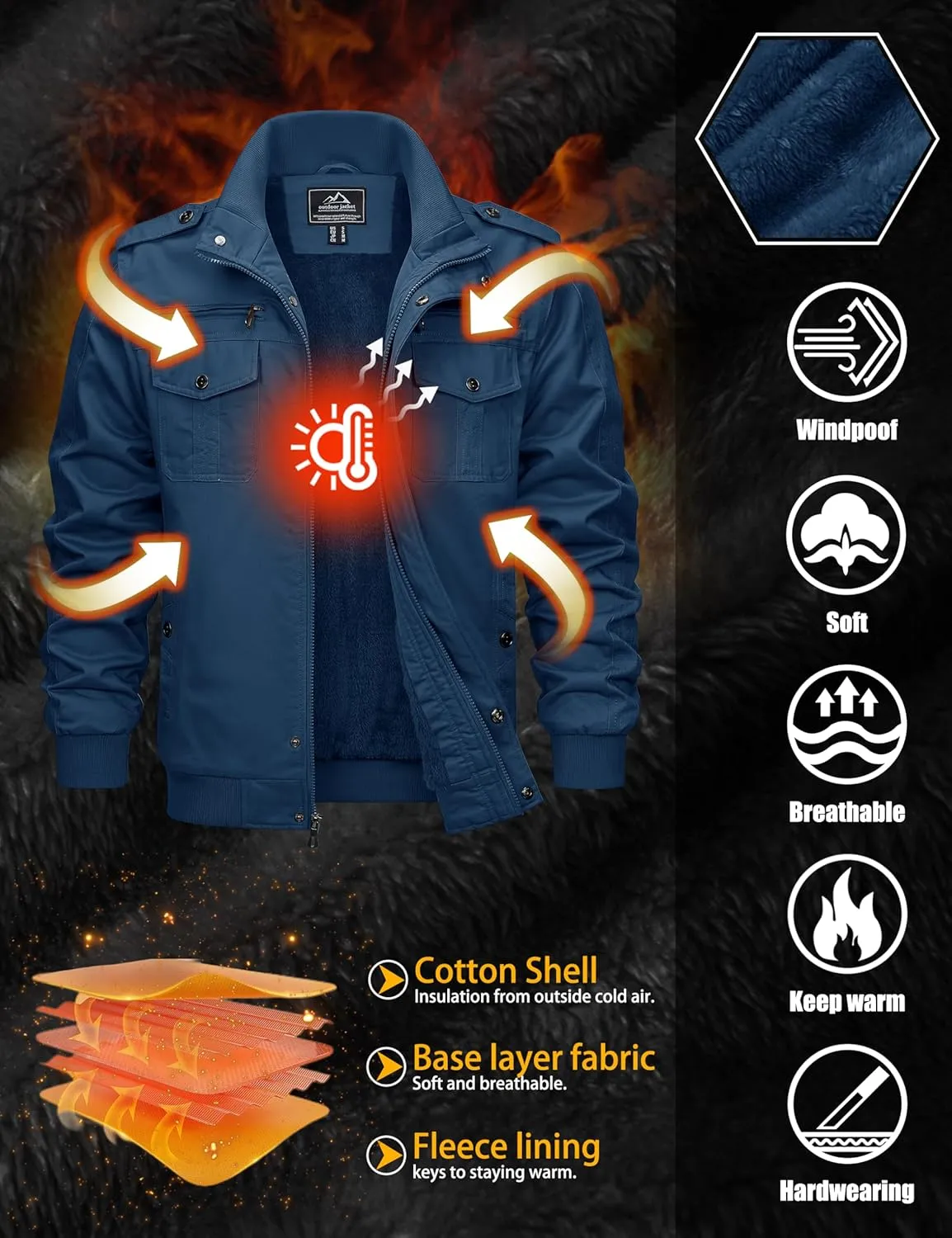 TACVASEN Men's Winter Jacket-Fleece Cotton Military Coat Thicken Casual Cargo Bomber Jacket