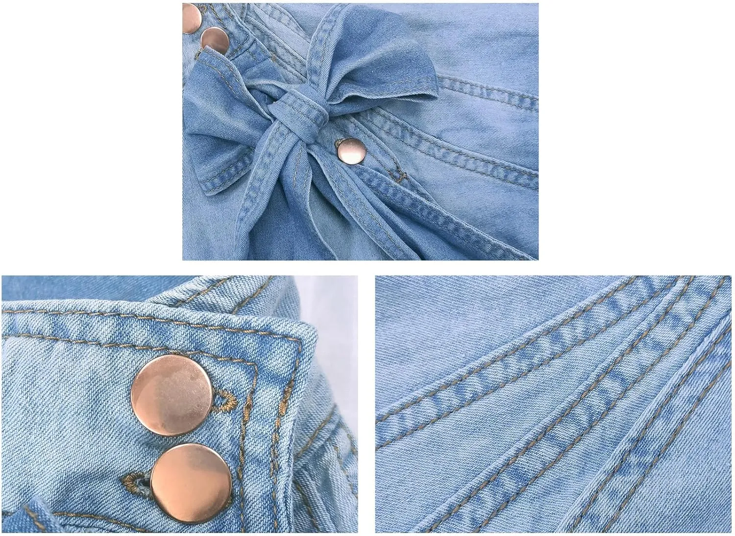 Tbahhir Women's Denim Blouse Blue Bow Tie Jean Shirt Puff Sleeves Mock Neck Cropped Top Casual