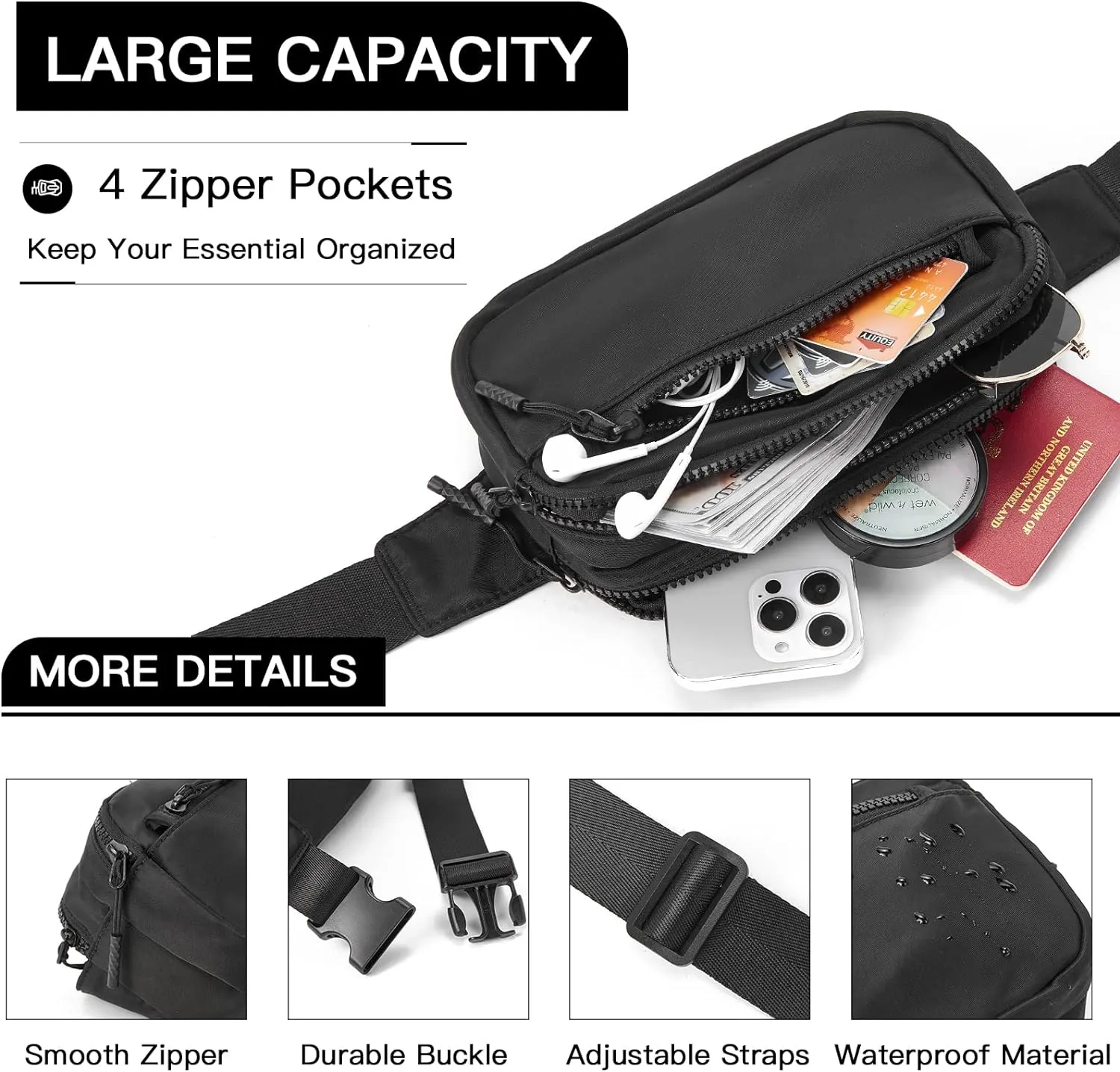 Telena Fanny Packs for Women Men Fashionable Cross Body Belt Bag with Adjustable Straps Black