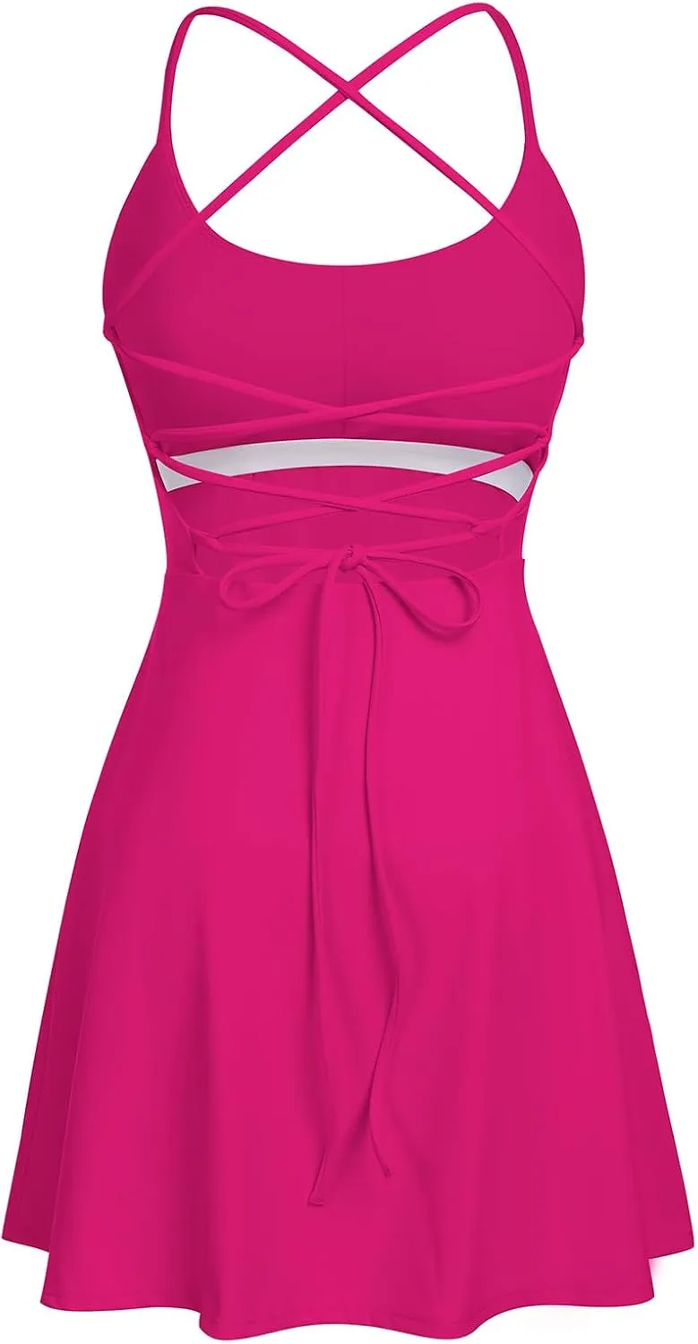 Tennis Dress for Women Backless Lace Up Workout Dress with Built-in Bras & Shorts Exercise Athletic Golf Dresses for Women