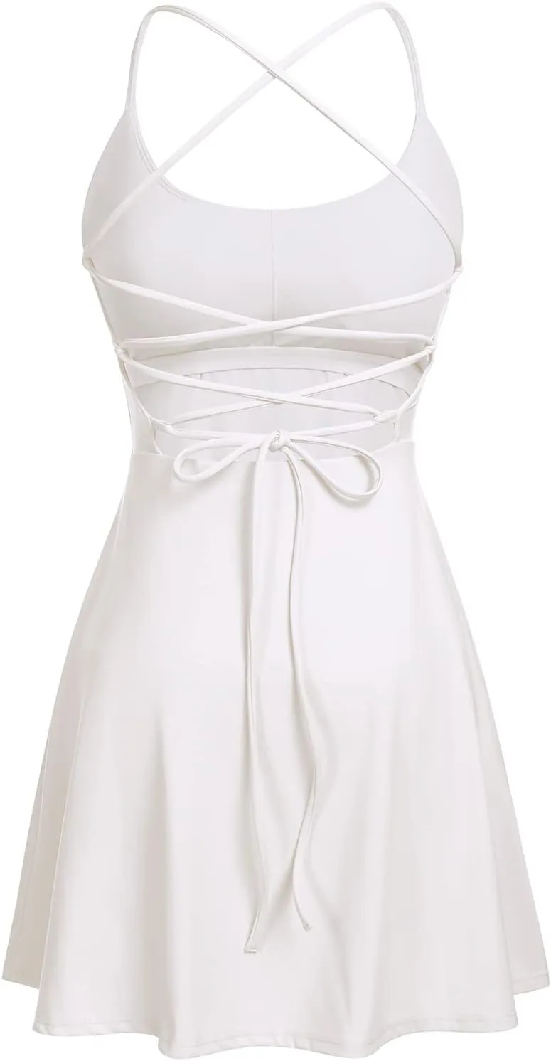 Tennis Dress for Women Backless Lace Up Workout Dress with Built-in Bras & Shorts Exercise Athletic Golf Dresses for Women