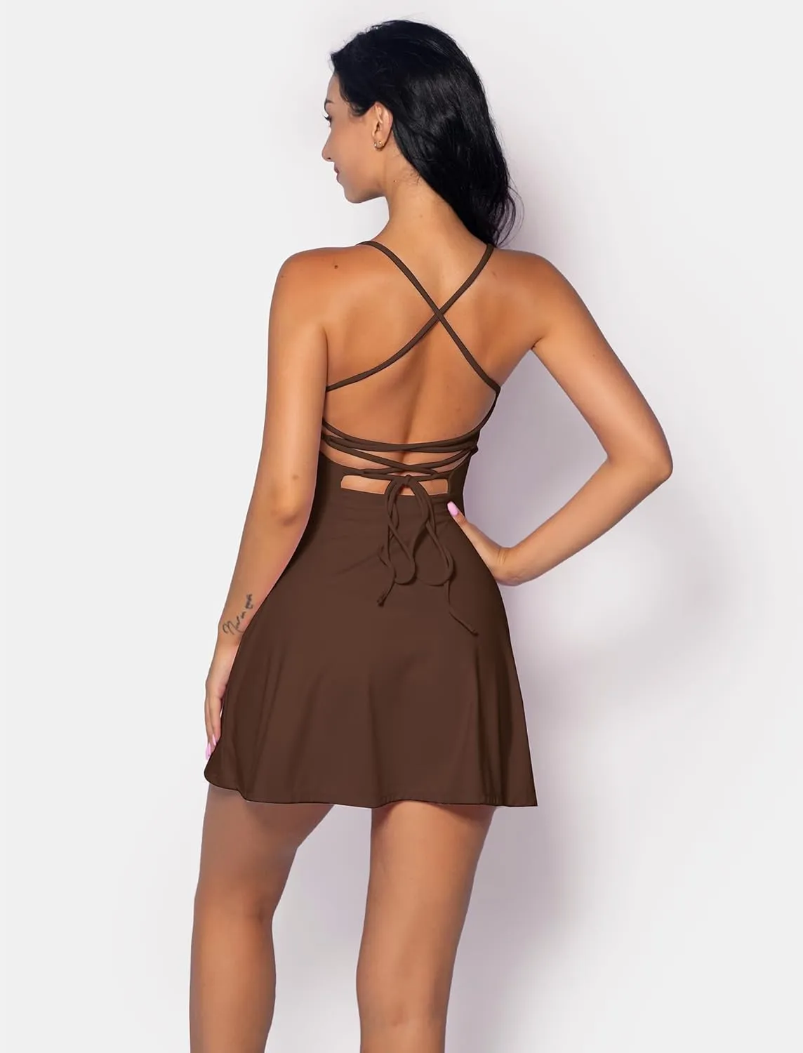 Tennis Dress for Women Backless Lace Up Workout Dress with Built-in Bras & Shorts Exercise Athletic Golf Dresses for Women