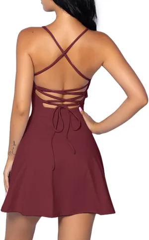 Tennis Dress for Women Backless Lace Up Workout Dress with Built-in Bras & Shorts Exercise Athletic Golf Dresses for Women