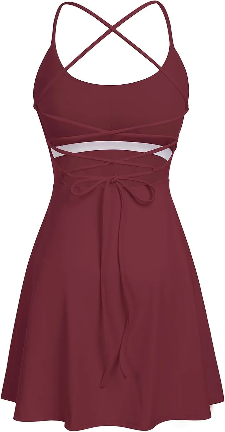 Tennis Dress for Women Backless Lace Up Workout Dress with Built-in Bras & Shorts Exercise Athletic Golf Dresses for Women
