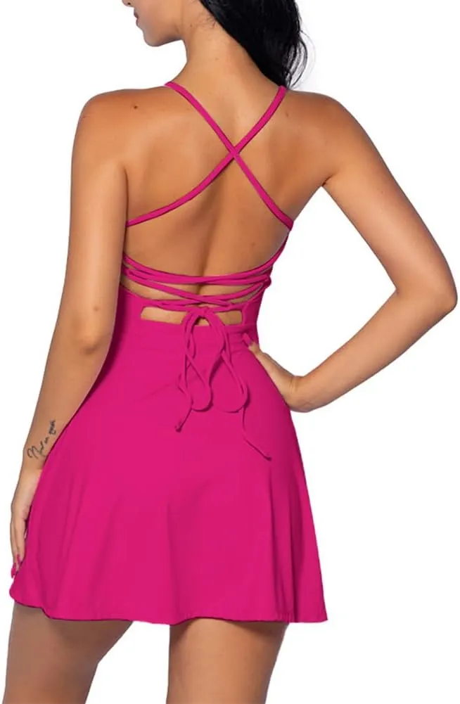 Tennis Dress for Women Backless Lace Up Workout Dress with Built-in Bras & Shorts Exercise Athletic Golf Dresses for Women