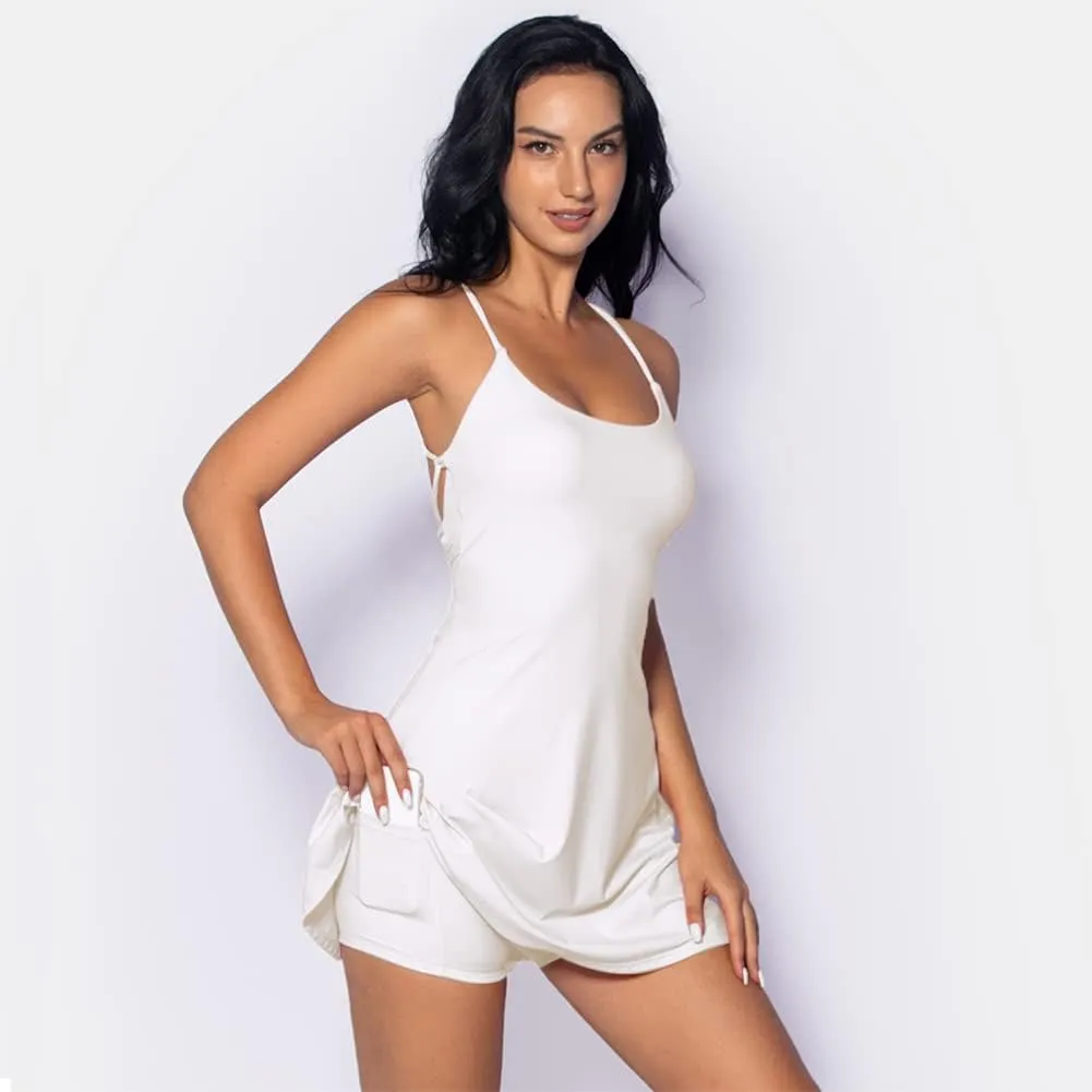 Tennis Dress for Women Backless Lace Up Workout Dress with Built-in Bras & Shorts Exercise Athletic Golf Dresses for Women