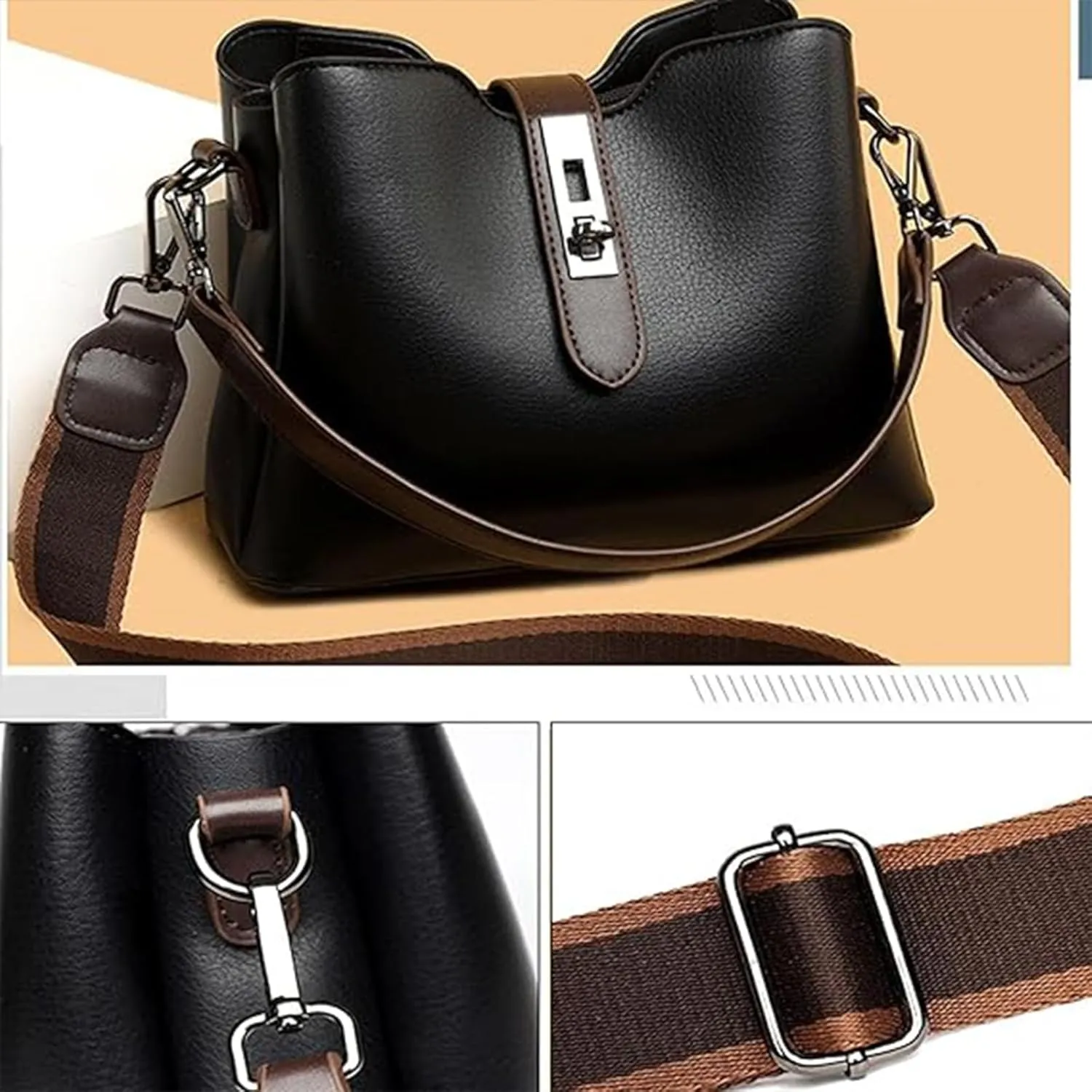 Three Straps Bucket Bag for Women, Large Capacity Fashionable Commuter Crossbody Shoulder Bag, Adjustable Shoulder Strap