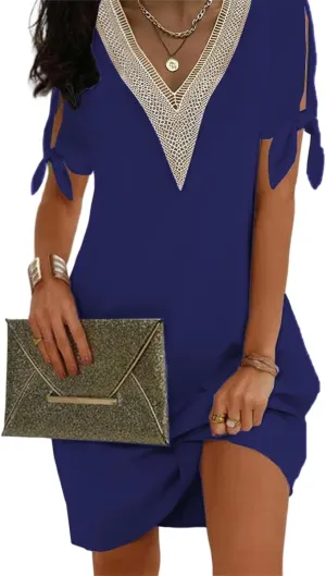 TIAFORD Women's Summer Cold Shoulder Tie Knot Sleeve Mini Dress Casaul Loose V Neck Beach Vacation Short Sundress