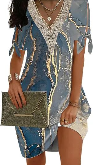 TIAFORD Women's Summer Cold Shoulder Tie Knot Sleeve Mini Dress Casaul Loose V Neck Beach Vacation Short Sundress