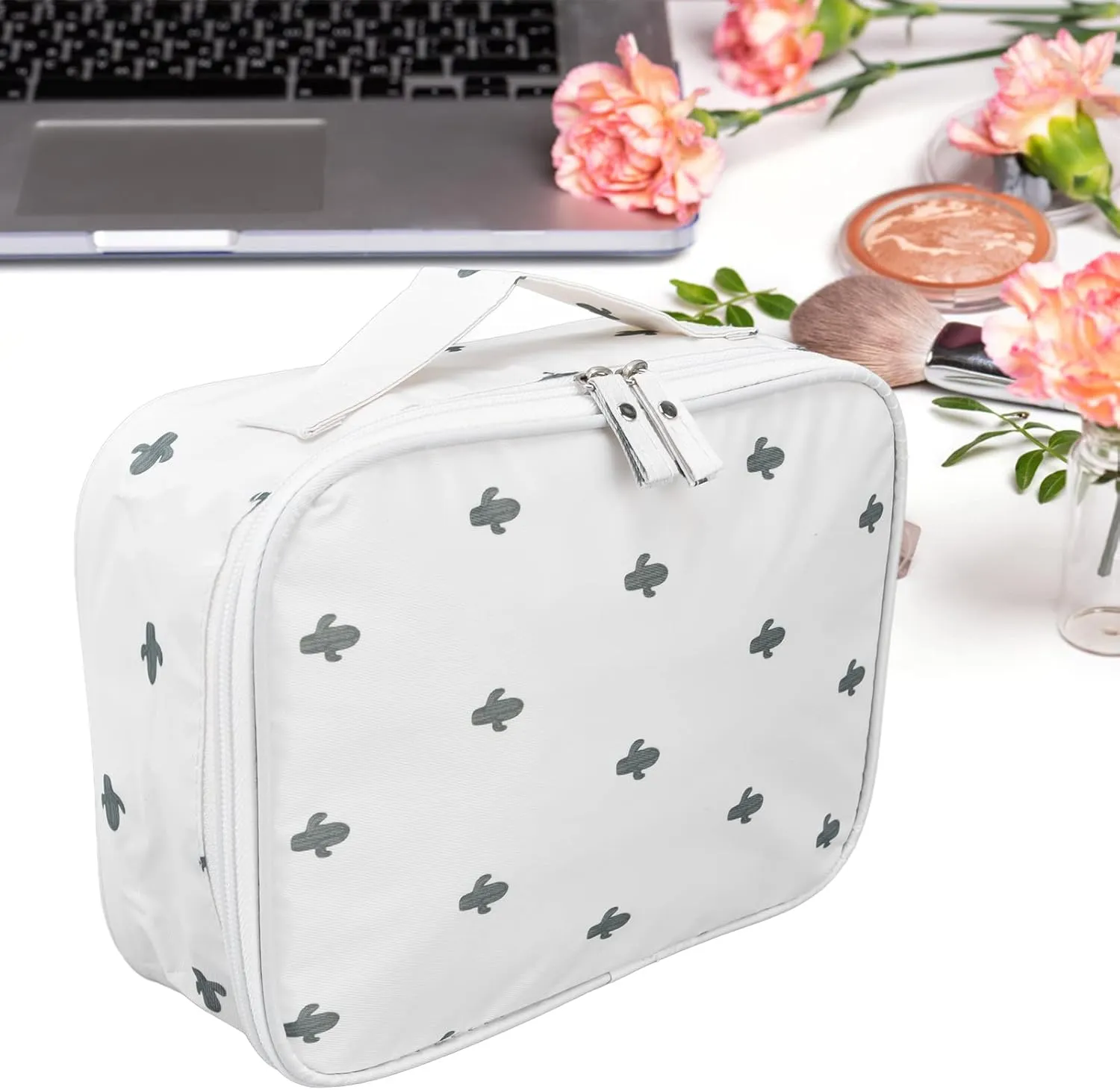 Travel Toiletry Bag for Women & Men, Nylon Portable Multifunctional Fashionable Design Toiletries Bag (A-Style (White Cactus)-Thick)