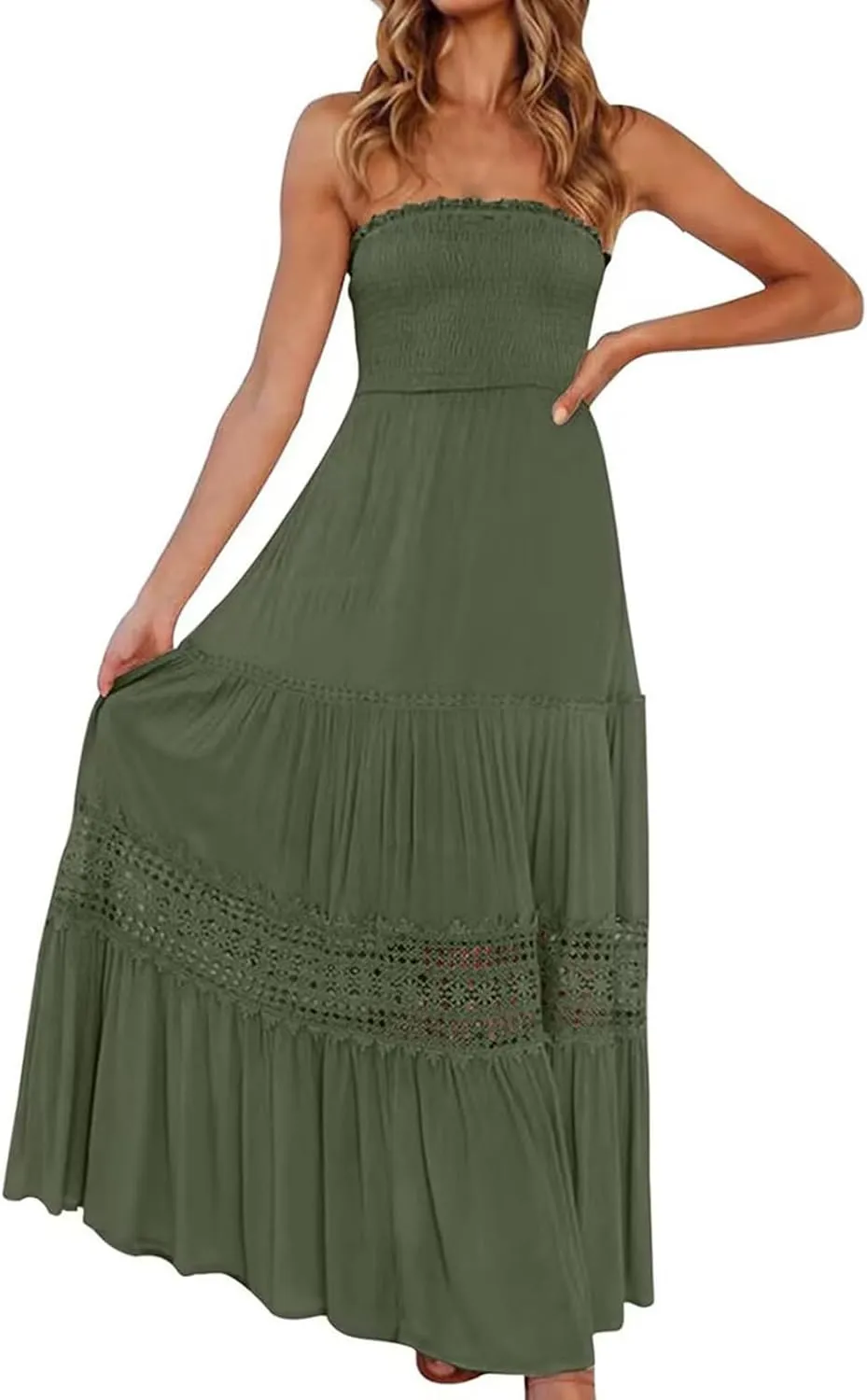 Tube Top Dress for Women 2025 Summer Solid Strapless Maxi Dresses Sexy Off Shoulder Smocked Flowy Beach Sundresses