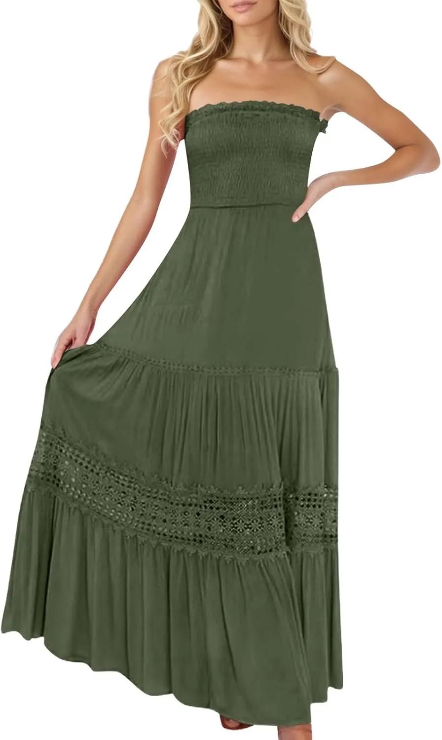 Tube Top Dress for Women 2025 Summer Solid Strapless Maxi Dresses Sexy Off Shoulder Smocked Flowy Beach Sundresses