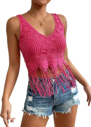 Verdusa 70s Outfits for Women Guipure Fringe V Neck Sleevelss Crop Tank Tops