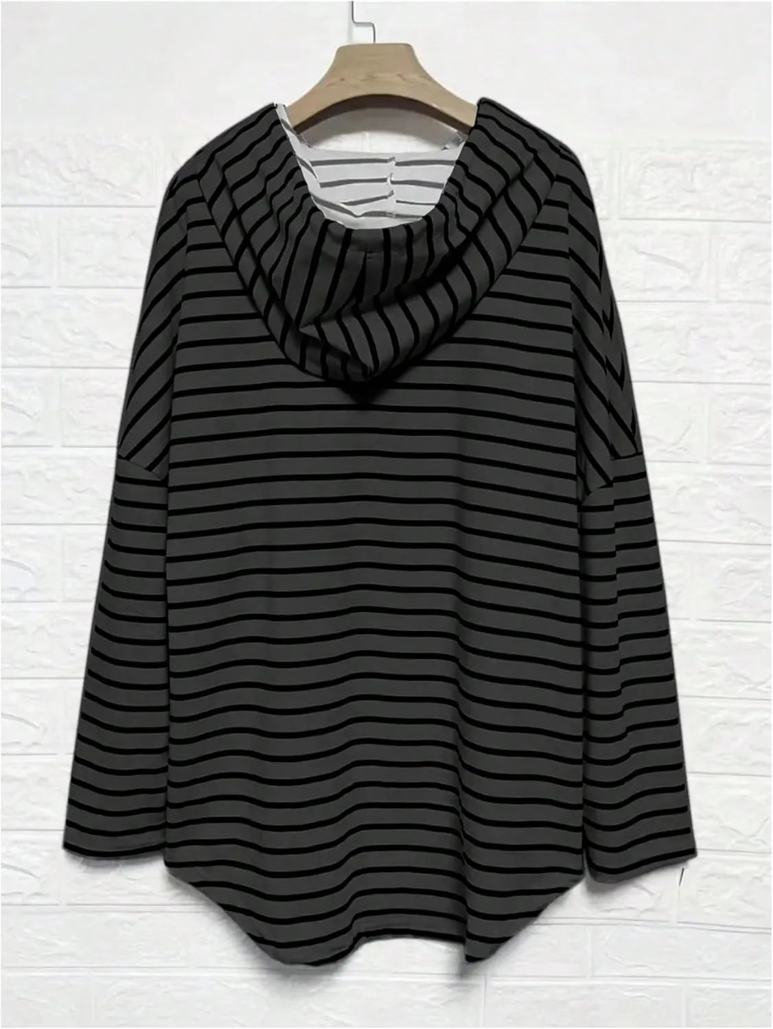 Verdusa Women's Striped Oversized Tshirts High Low Tunic Tops Long Sleeve Drawstring Hoodies