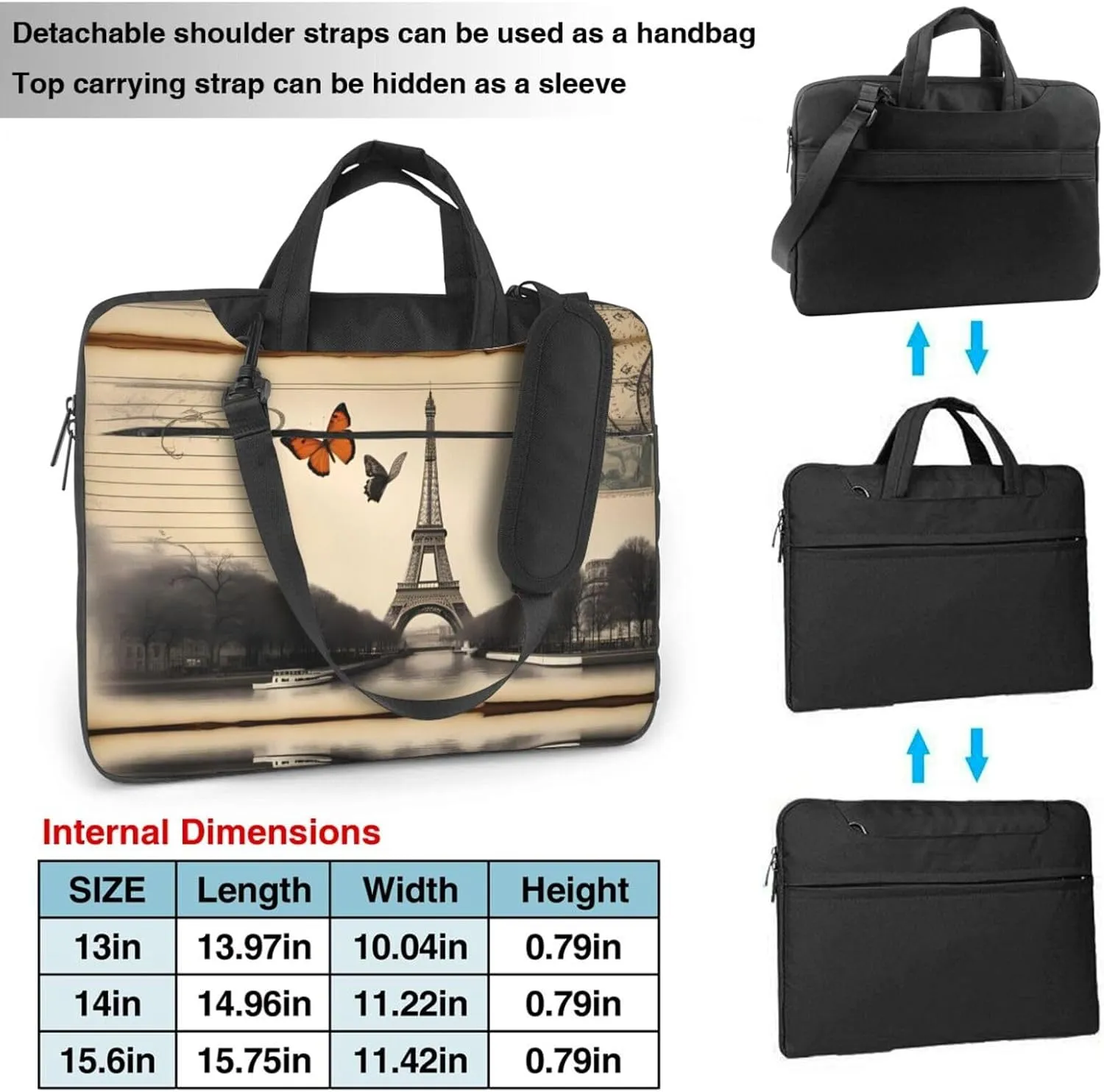 Vintage Paris Eiffel Tower Butterfly pattern Fashionable and ultra-thin shoulder laptop bag Shockproof soft lining