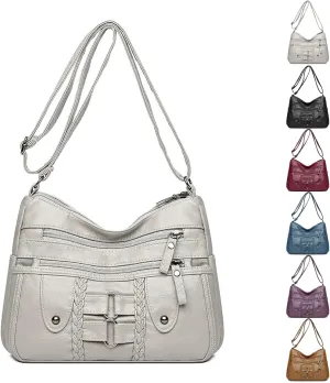 Vintage Soft PU Leather Bag for Women,Large Capacity Simple Fashionable Multi-layer Shoulder Crossbody Package
