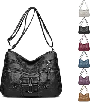 Vintage Soft PU Leather Bag for Women,Large Capacity Simple Fashionable Multi-layer Shoulder Crossbody Package