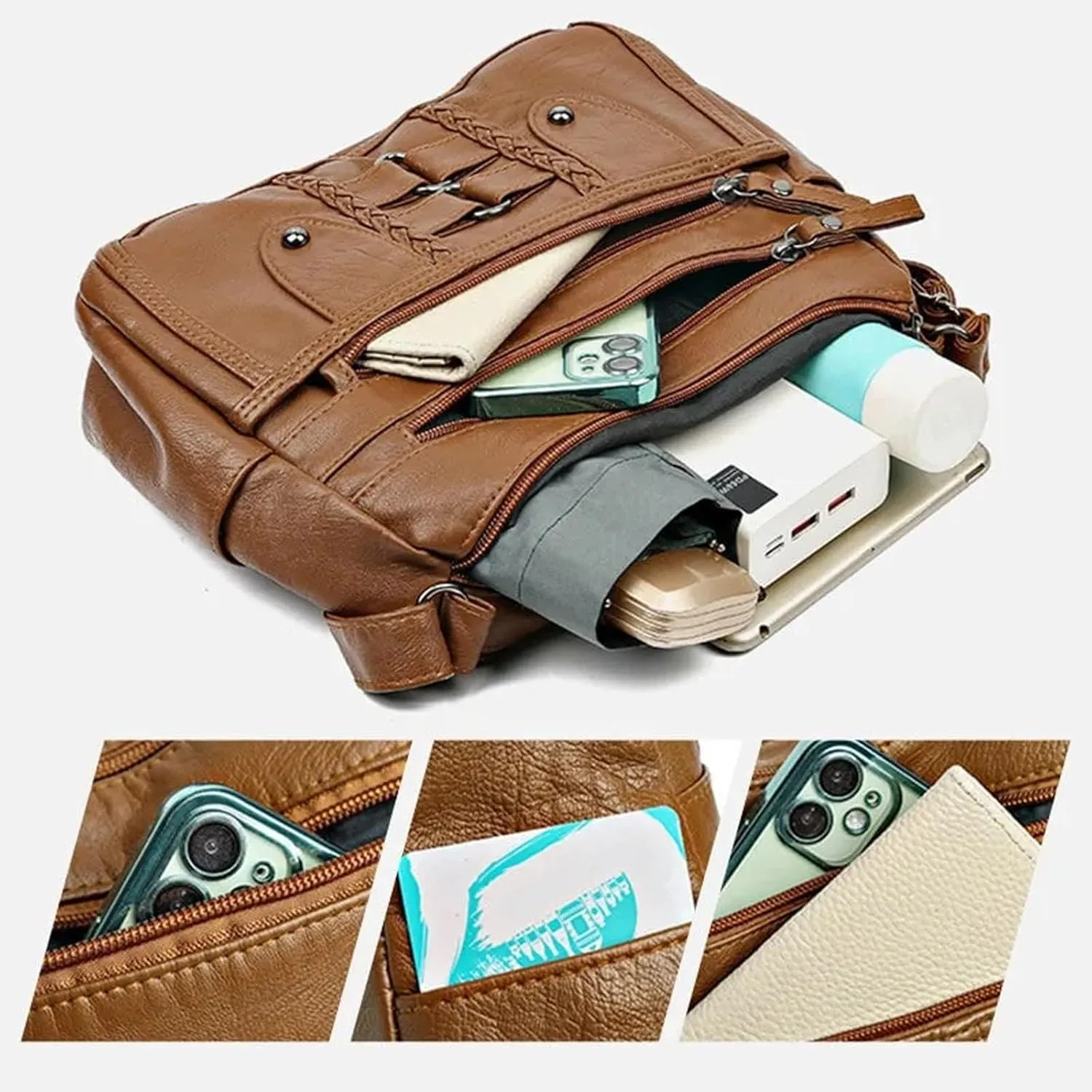 Vintage Soft PU Leather Bag for Women,Large Capacity Simple Fashionable Multi-layer Shoulder Crossbody Package