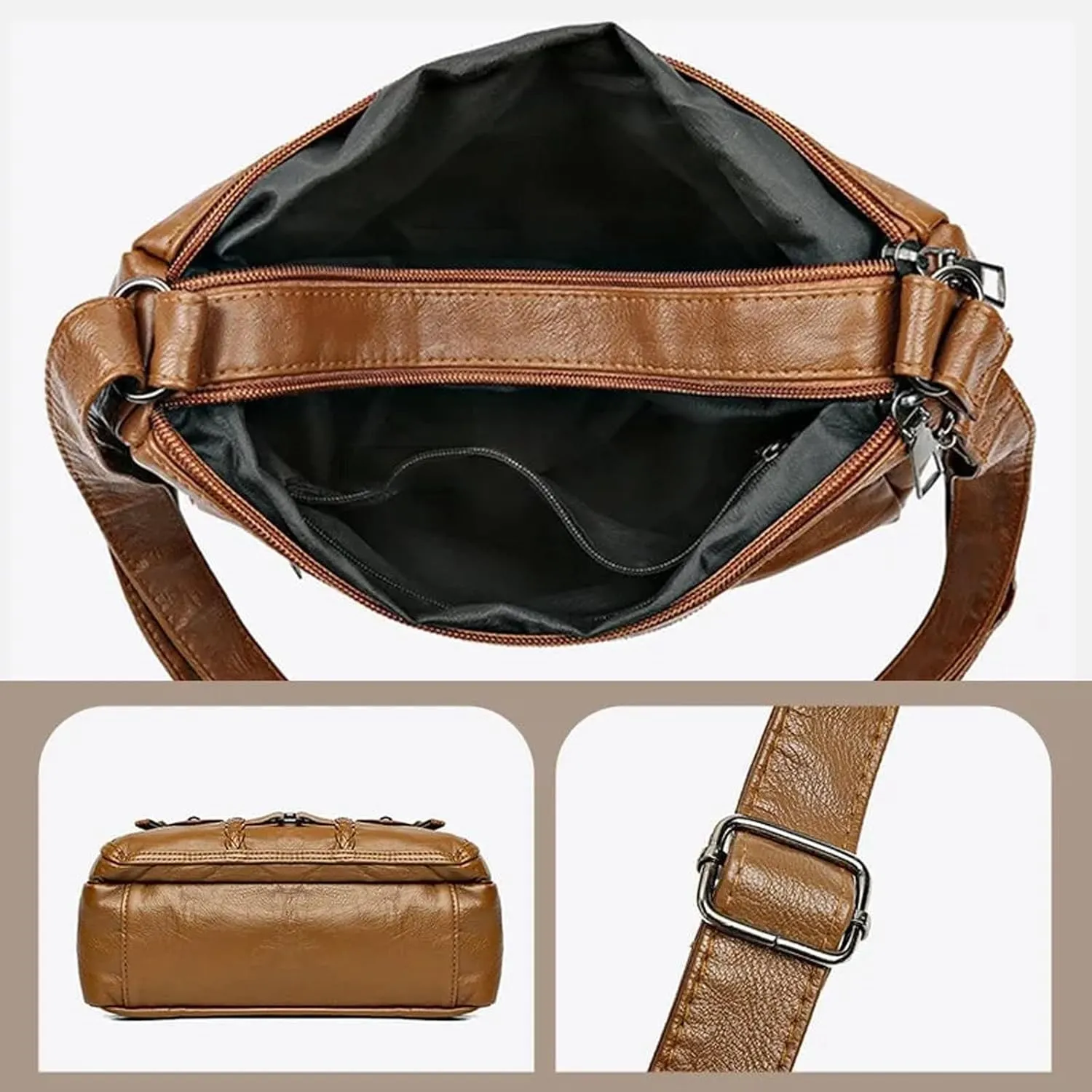 Vintage Soft PU Leather Bag for Women,Large Capacity Simple Fashionable Multi-layer Shoulder Crossbody Package