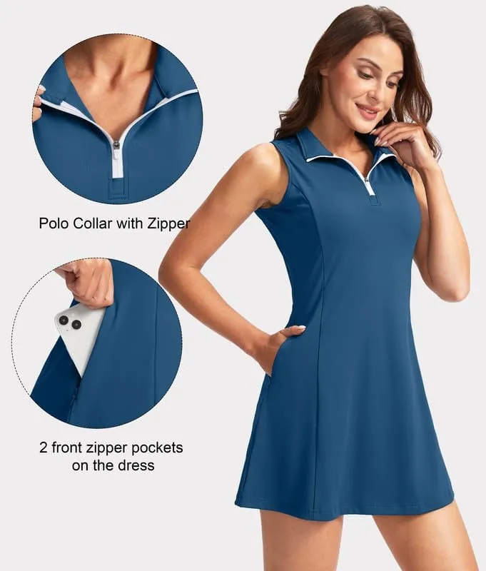 Viodia Women's Tennis Golf Dress with Shorts Active Exercise Workout Sports Athletic Dresses for Women with Zipper Pockets