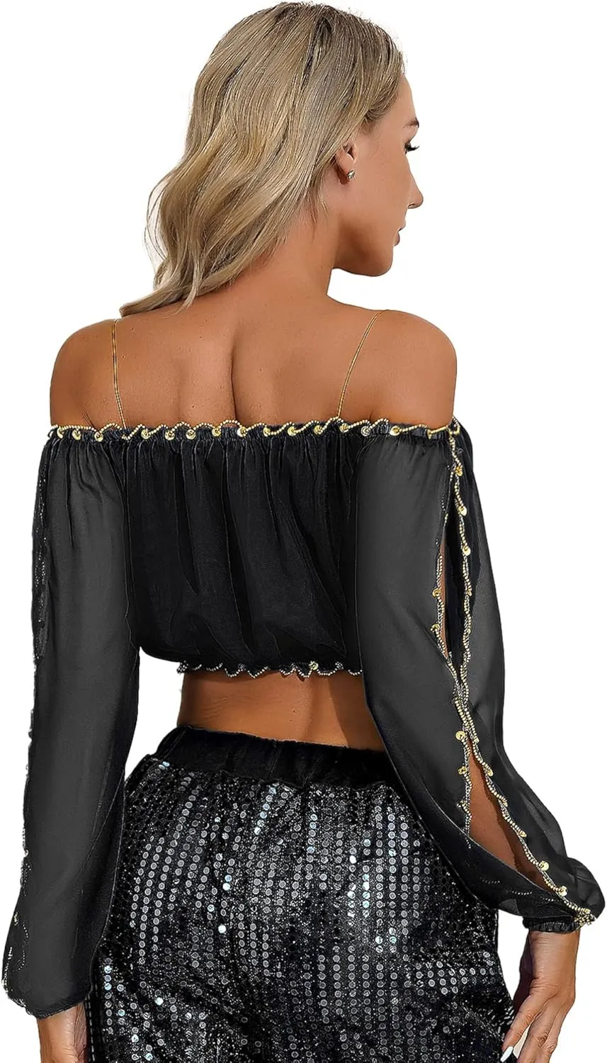 Vxuxlje Women's Belly Dance Costumes Coin Sequins Split Crop Top with Harem Pants Dancewear