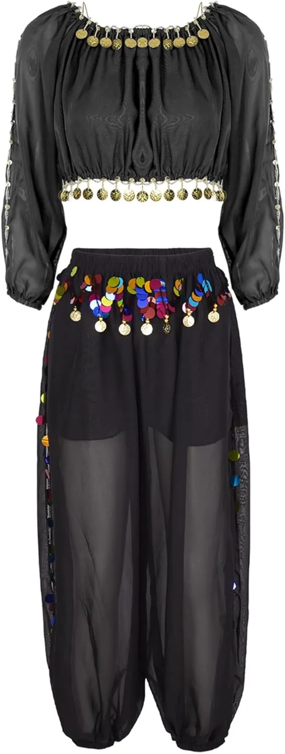 Vxuxlje Women's Belly Dance Costumes Coin Sequins Split Crop Top with Harem Pants Dancewear