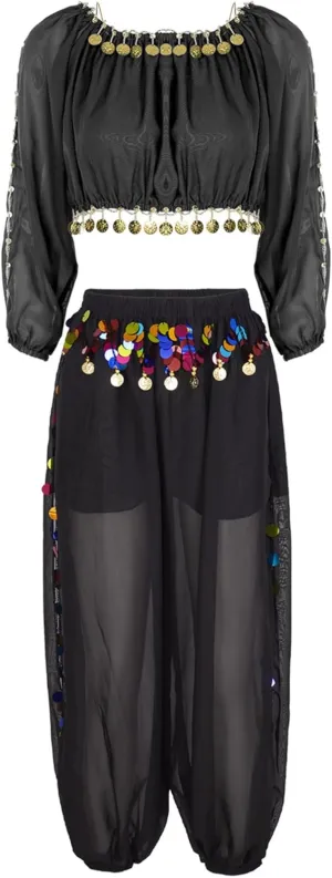Vxuxlje Women's Belly Dance Costumes Coin Sequins Split Crop Top with Harem Pants Dancewear