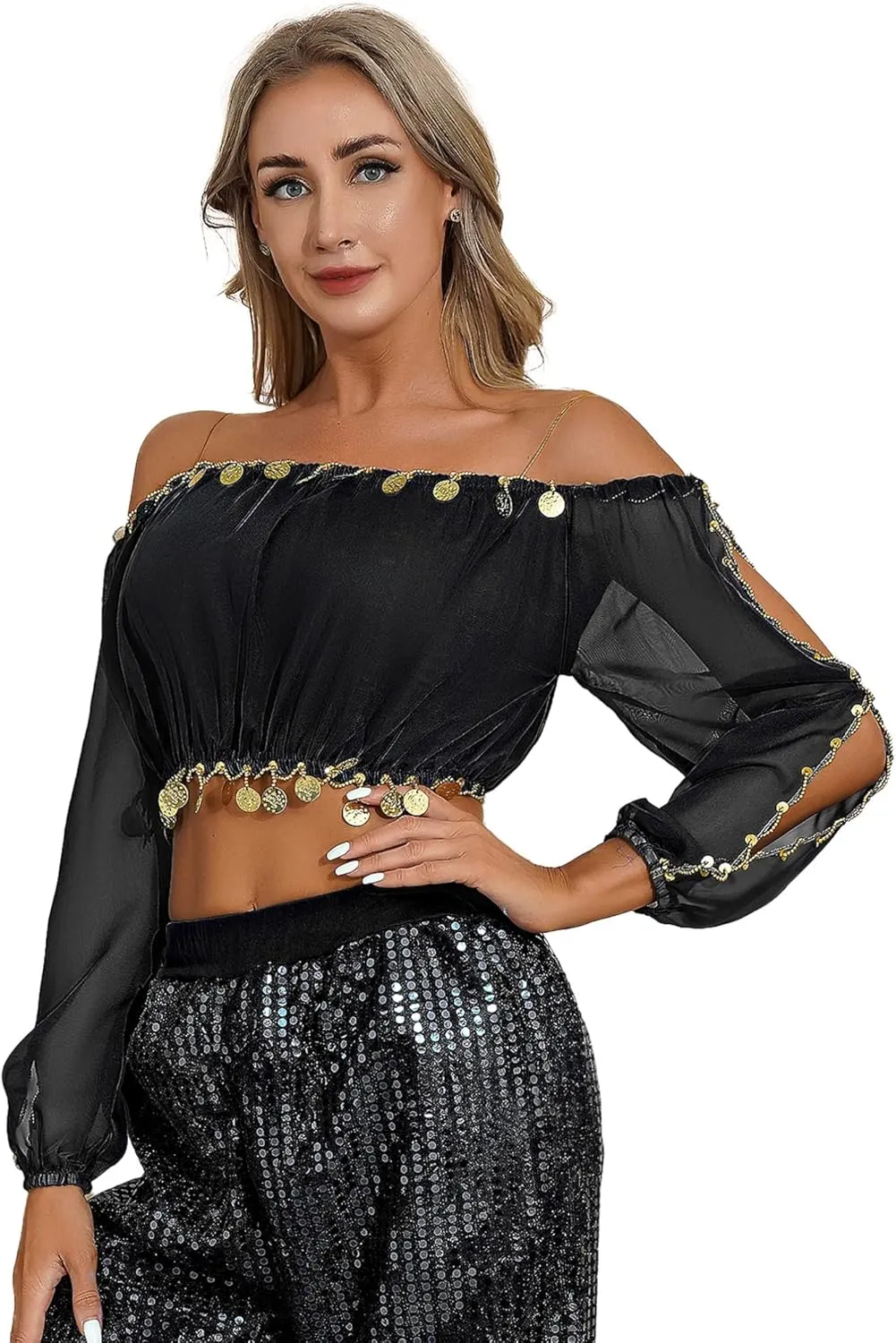 Vxuxlje Women's Belly Dance Costumes Coin Sequins Split Crop Top with Harem Pants Dancewear