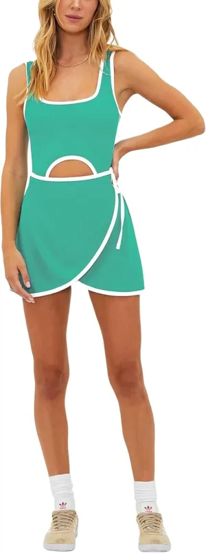 Watashi Women Tennis Dress Built in Shorts Tie Cinched Waist Mini Athletic Romper Workout Skort Dresses