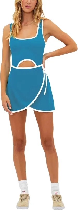 Watashi Women Tennis Dress Built in Shorts Tie Cinched Waist Mini Athletic Romper Workout Skort Dresses