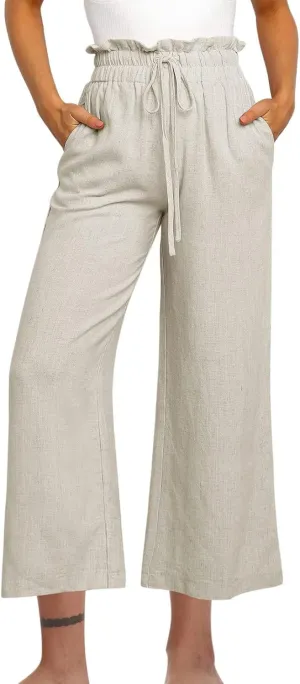 Wide Leg Linen Pants Women Drawstring Ruffle High Waisted Cropped Palazzo Pants Summer Casual Trousers with Pockets