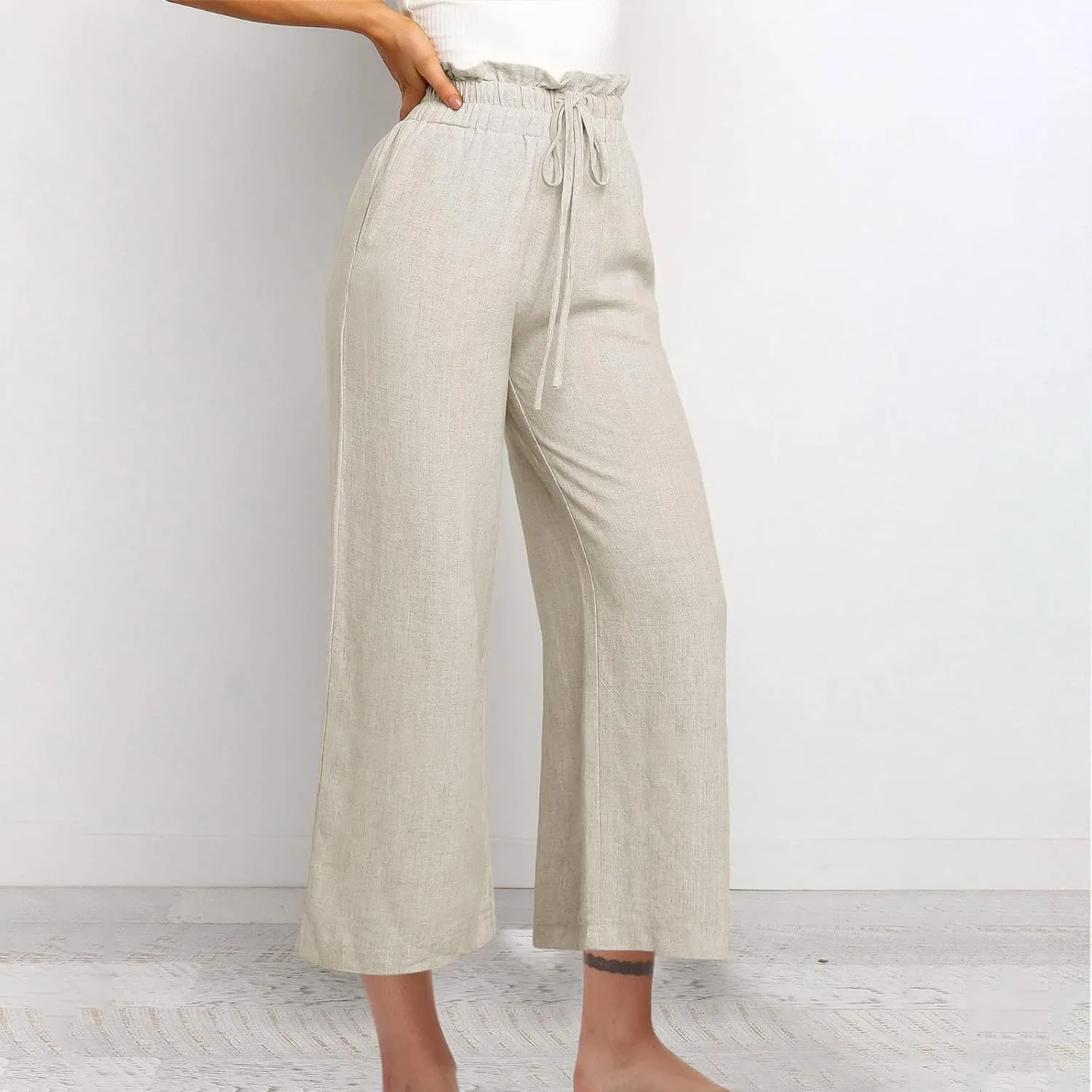 Wide Leg Linen Pants Women Drawstring Ruffle High Waisted Cropped Palazzo Pants Summer Casual Trousers with Pockets